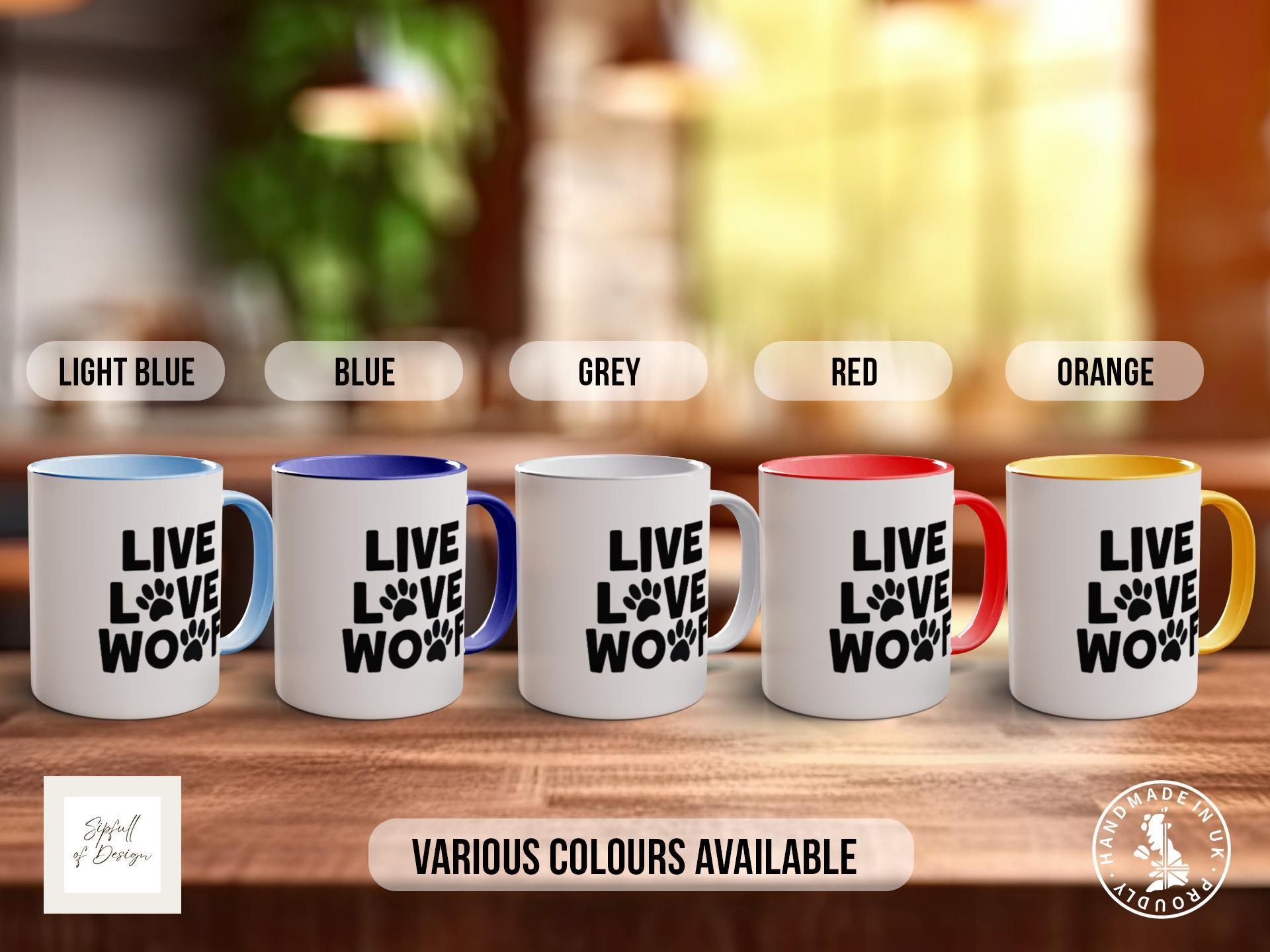 Live Love Woof Mug, Dog Lover Gift, Cute Paw Print Coffee Cup, Dog Mum or Dad Mug, Colourful Pet Owner Gift for Animal Lovers - Sipfull of Design