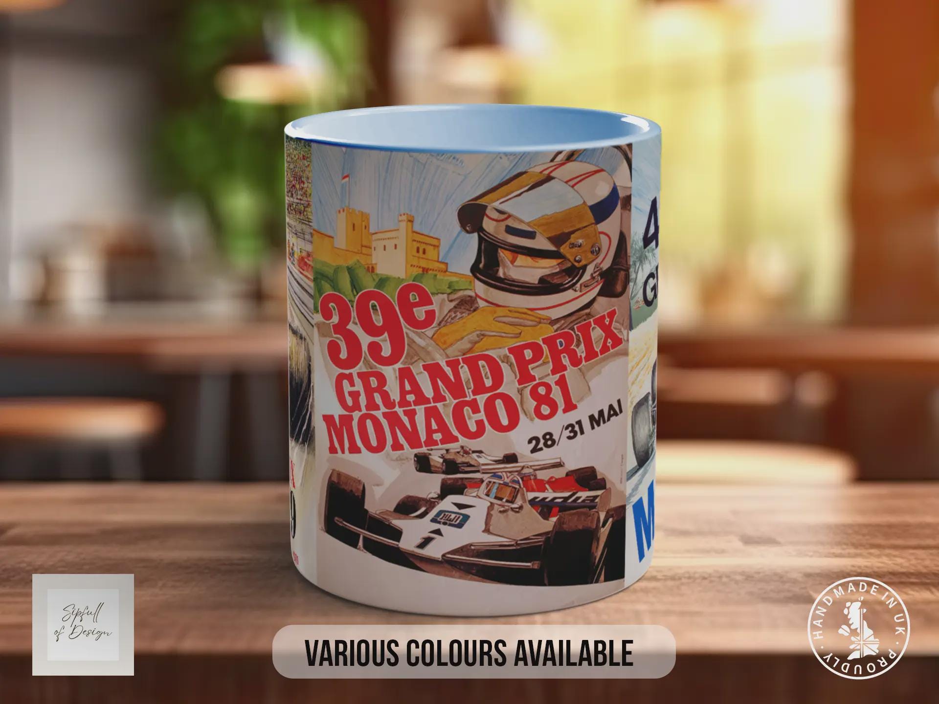 Monaco Grand Prix Vintage Mug – 1970s & 1980s Motorsport Poster Collage – Classic F1 Racing Car Gift – Various Colours Available