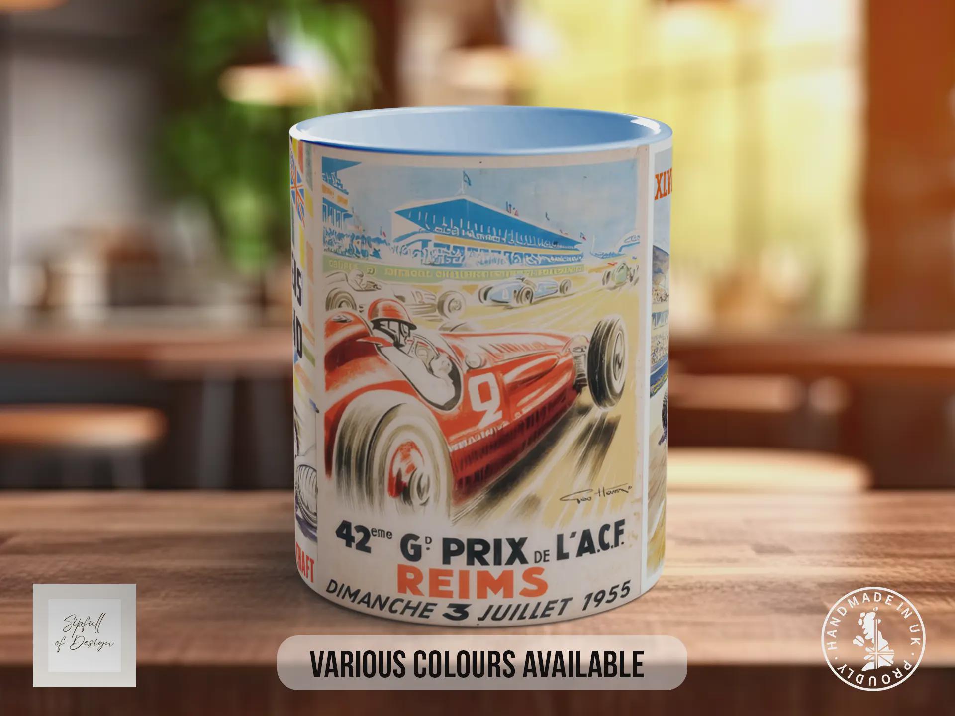 Grand Prix 1950s Vintage Mug – Classic Motorsport Poster Collage – Retro Formula 1 Racing Car Gift – Nürburgring & Reims – Various Colours
