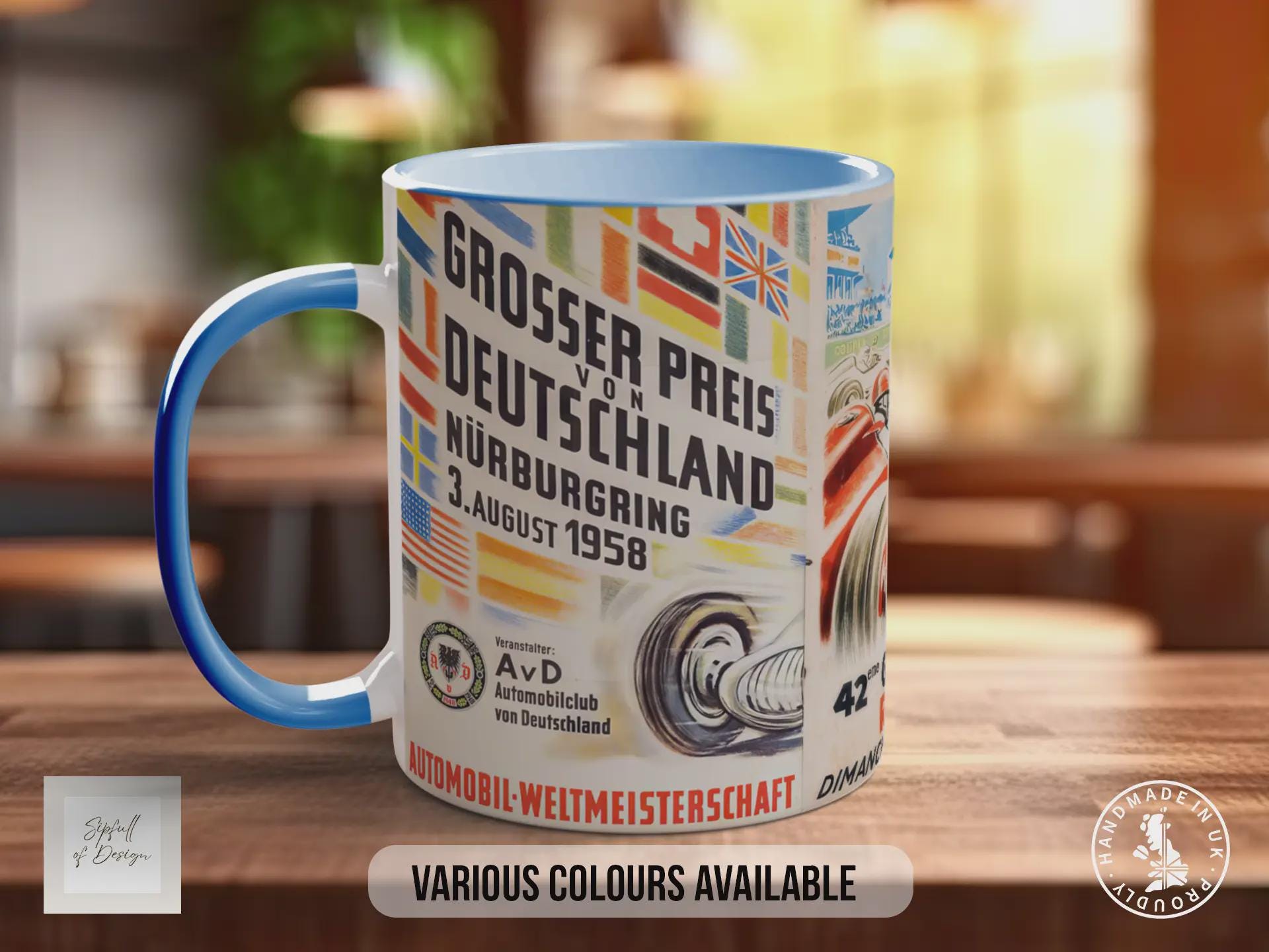 Grand Prix 1950s Vintage Mug – Classic Motorsport Poster Collage – Retro Formula 1 Racing Car Gift – Nürburgring & Reims – Various Colours