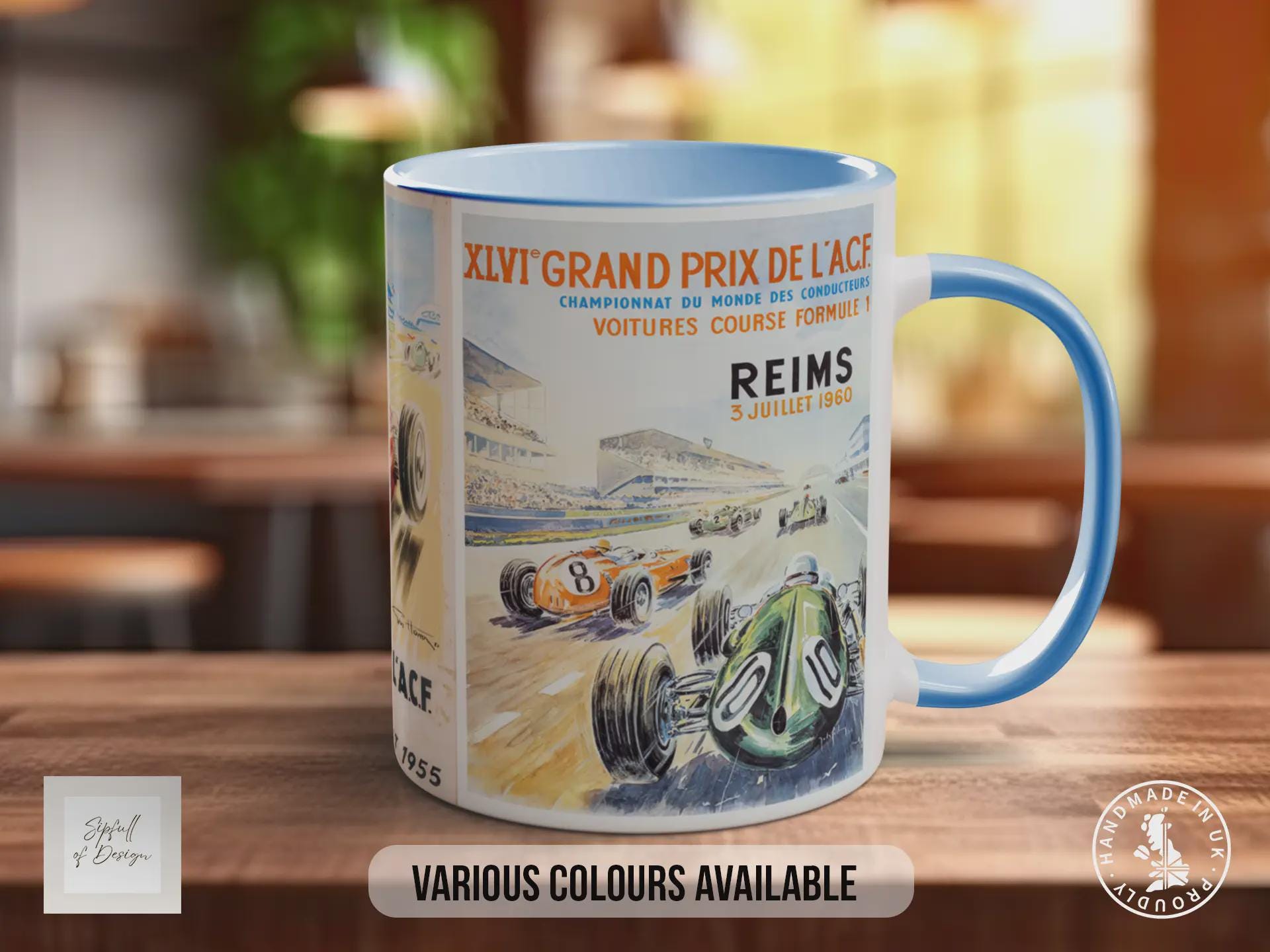 Grand Prix 1950s Vintage Mug – Classic Motorsport Poster Collage – Retro Formula 1 Racing Car Gift – Nürburgring & Reims – Various Colours