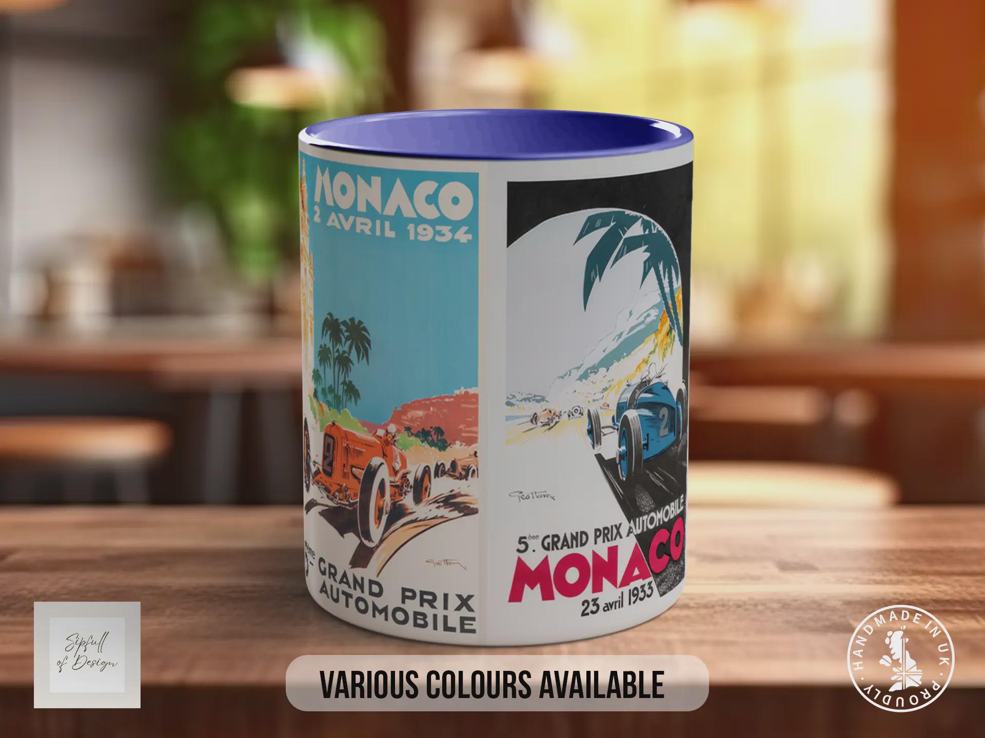 Monaco Grand Prix 1930s Vintage Mug – Classic Motorsport Poster Collage – Retro Racing Car Gift – Historic Formula 1 – Various Colours