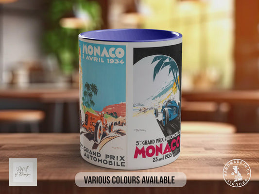 Monaco Grand Prix 1930s Vintage Mug – Classic Motorsport Poster Collage – Retro Racing Car Gift – Historic Formula 1 – Various Colours