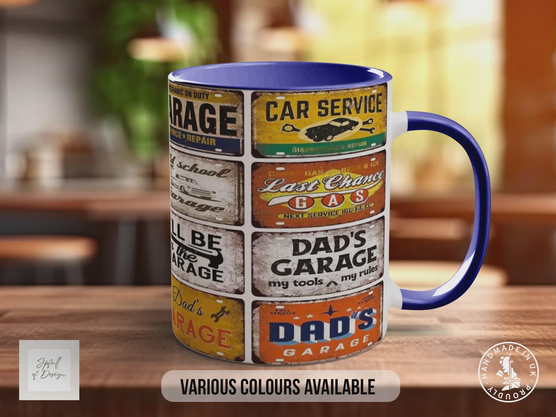 Dad’s Garage Mechanic Mug – Vintage Car Workshop Sign Collage – Retro Auto Repair & Service Gift – Old School Garage – Various Colours