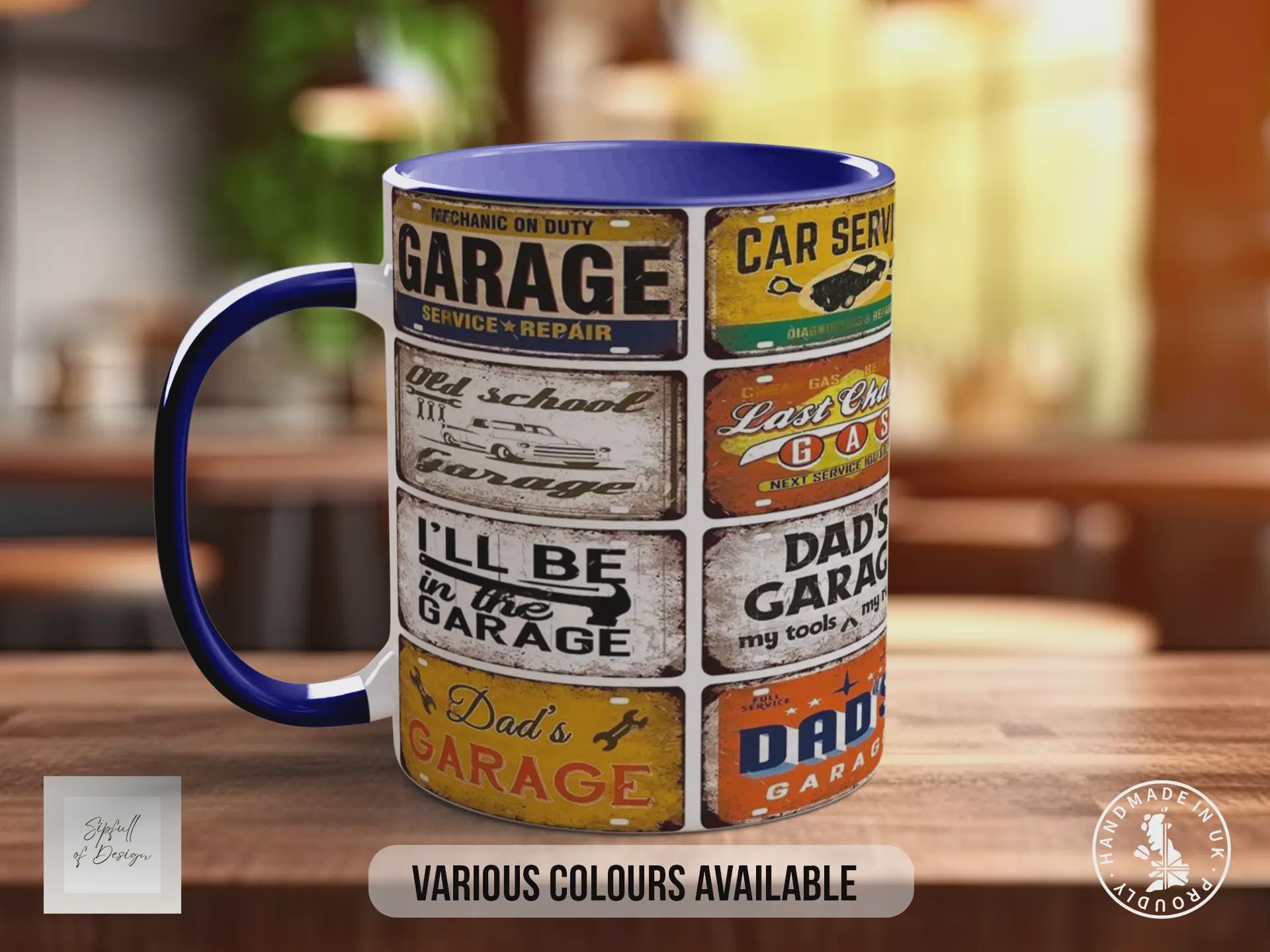 Dad’s Garage Mechanic Mug – Vintage Car Workshop Sign Collage – Retro Auto Repair & Service Gift – Old School Garage – Various Colours