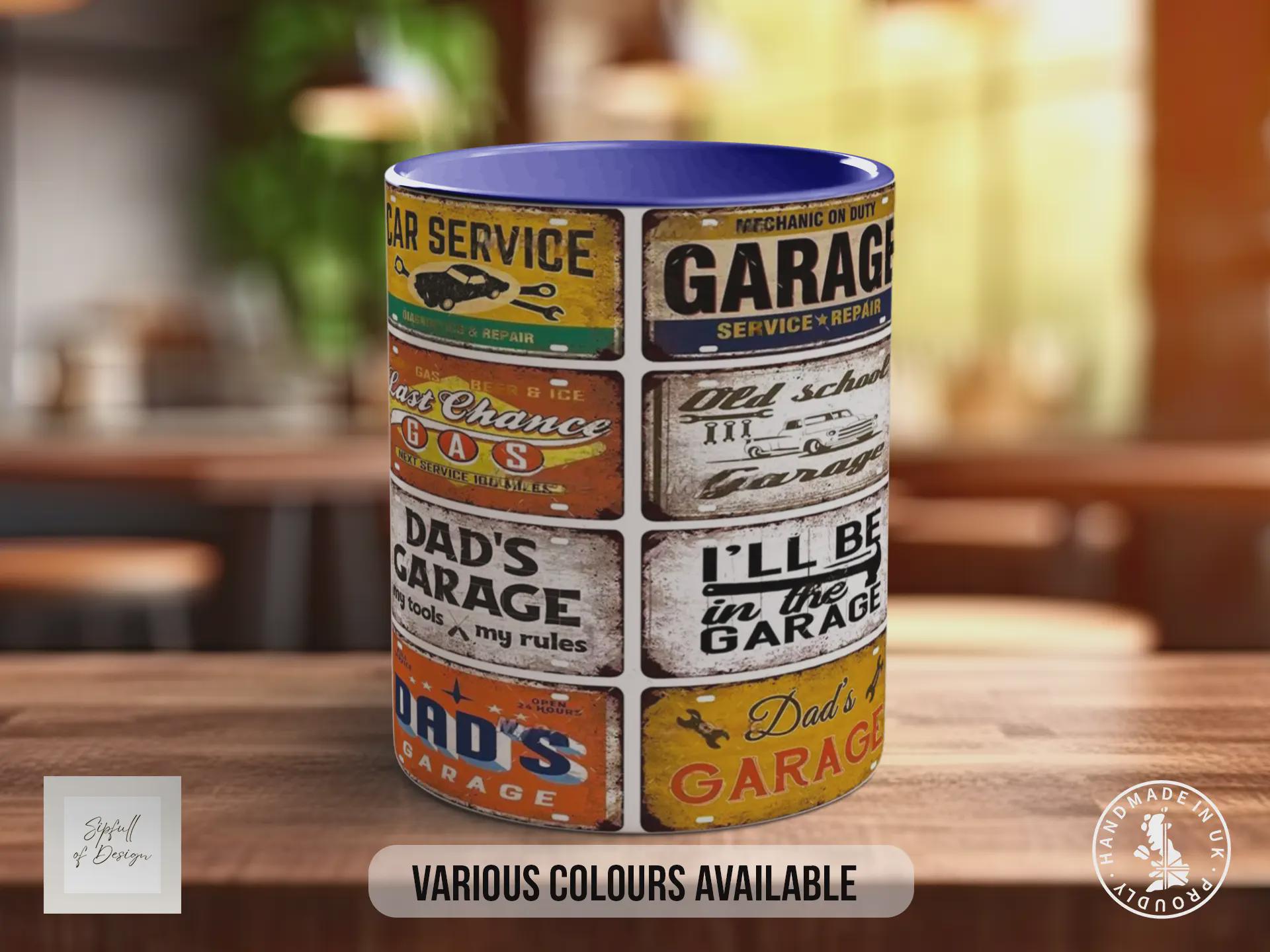 Dad’s Garage Mechanic Mug – Vintage Car Workshop Sign Collage – Retro Auto Repair & Service Gift – Old School Garage – Various Colours