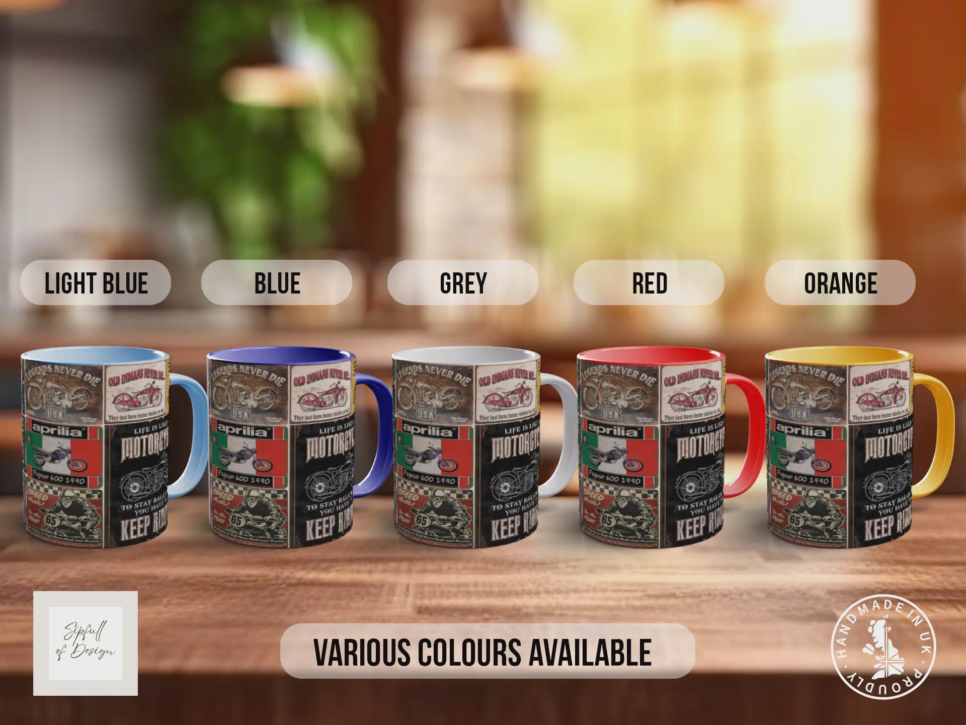 US Motorcycle Route 66 Mug – Vintage Biker Poster Collage – Classic American Road Trip Motorbike Gift – The Mother Road – Various Colours