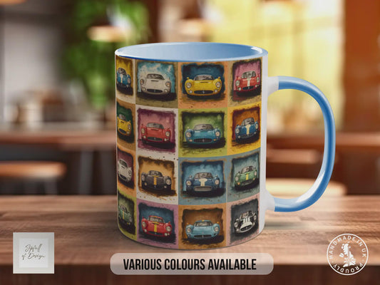 Old Racing Cars Mug – Retro Sports Car Collage – Classic Motorsport Gift – Vintage Automobile Design – Various Colours Available