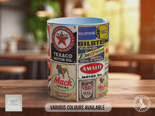 All Oils Vintage Mug – Retro Motor Oil & Garage Sign Collage – Classic Car Enthusiast Gift – Petrolhead Workshop Design – Various Colours