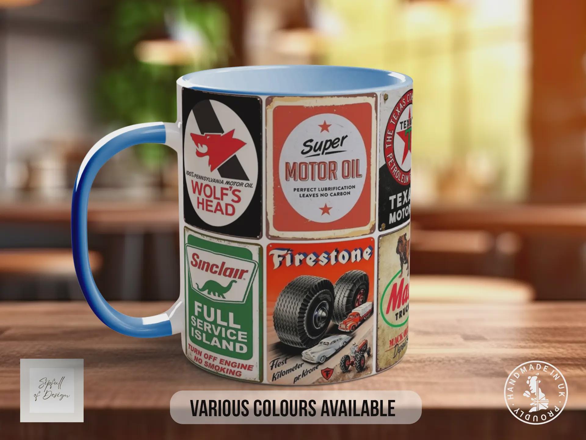 All Oils Vintage Mug – Retro Motor Oil & Garage Sign Collage – Classic Car Enthusiast Gift – Petrolhead Workshop Design – Various Colours
