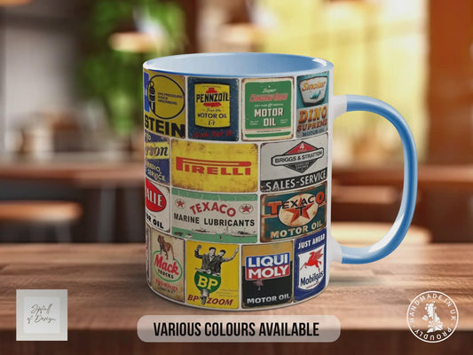 All Oils Vintage Mug – Retro Motor Oil & Garage Sign Collage – Classic Car Enthusiast Gift – Petrolhead Workshop Design – Various Colours