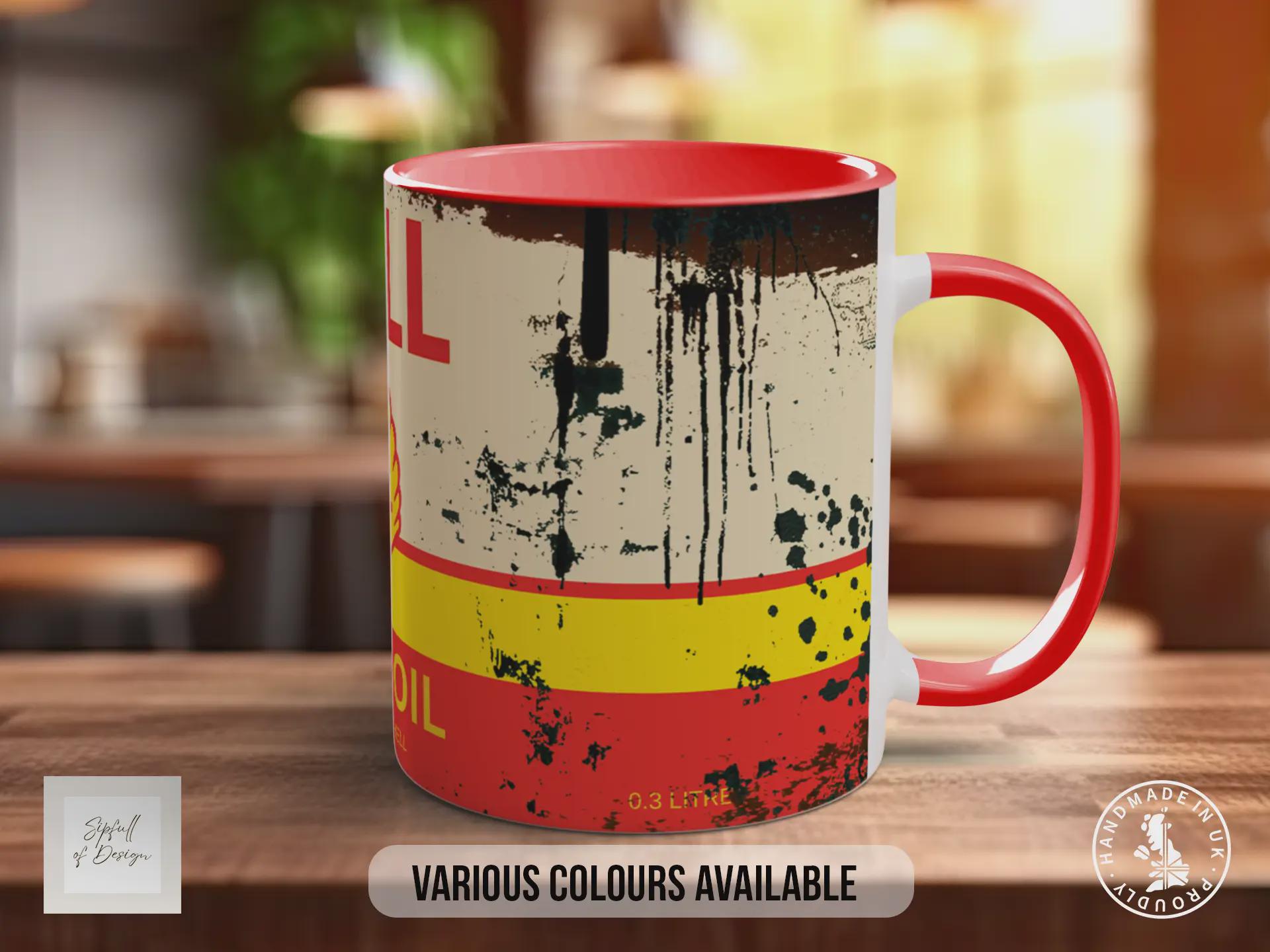 Shell Motor Oil Mug – Vintage Petrol Can Design – Retro Garage & Workshop Gift – Classic Car Enthusiast Mug – Various Colours Available