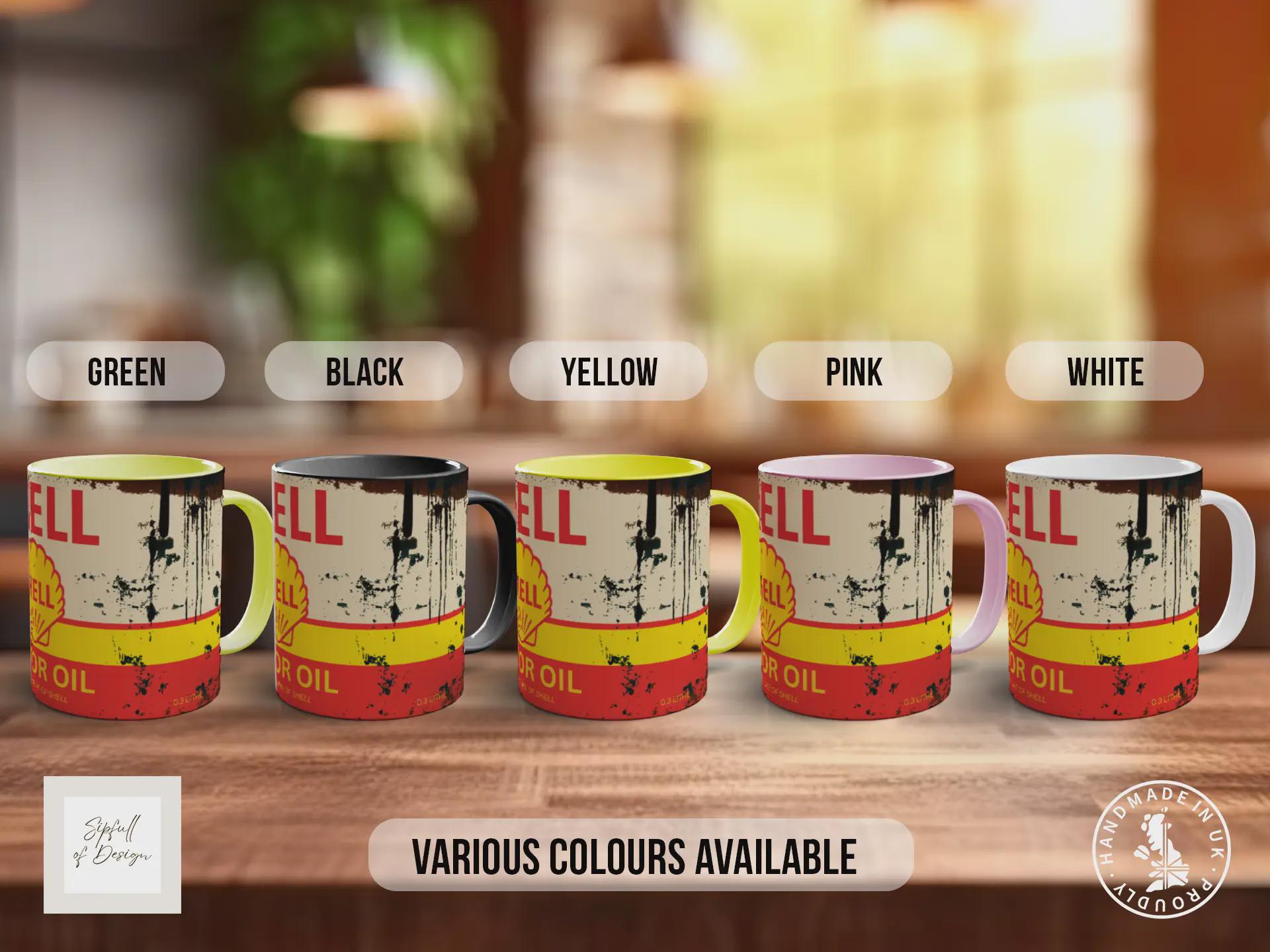 Shell Motor Oil Mug – Vintage Petrol Can Design – Retro Garage & Workshop Gift – Classic Car Enthusiast Mug – Various Colours Available