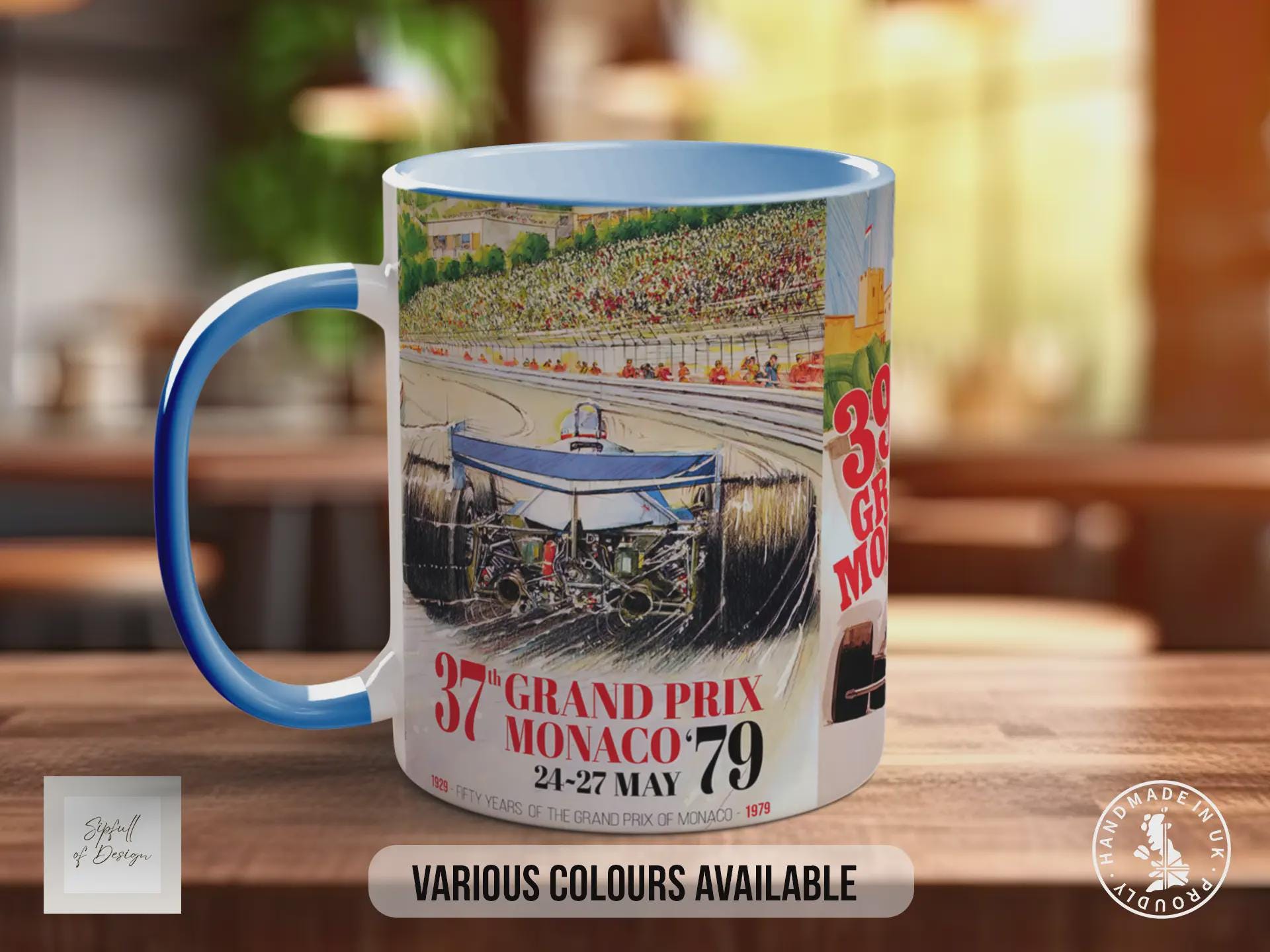 Monaco Grand Prix Vintage Mug – 1970s & 1980s Motorsport Poster Collage – Classic F1 Racing Car Gift – Various Colours Available