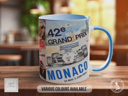 Monaco Grand Prix Vintage Mug – 1970s & 1980s Motorsport Poster Collage – Classic F1 Racing Car Gift – Various Colours Available
