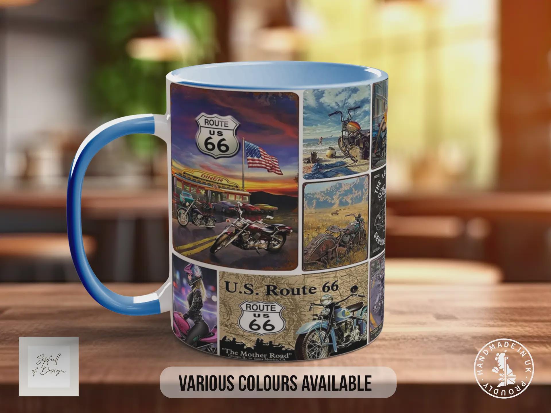 US Motorcycle Route 66 Mug – Vintage Biker Poster Collage – Classic American Road Trip Motorbike Gift – The Mother Road – Various Colours