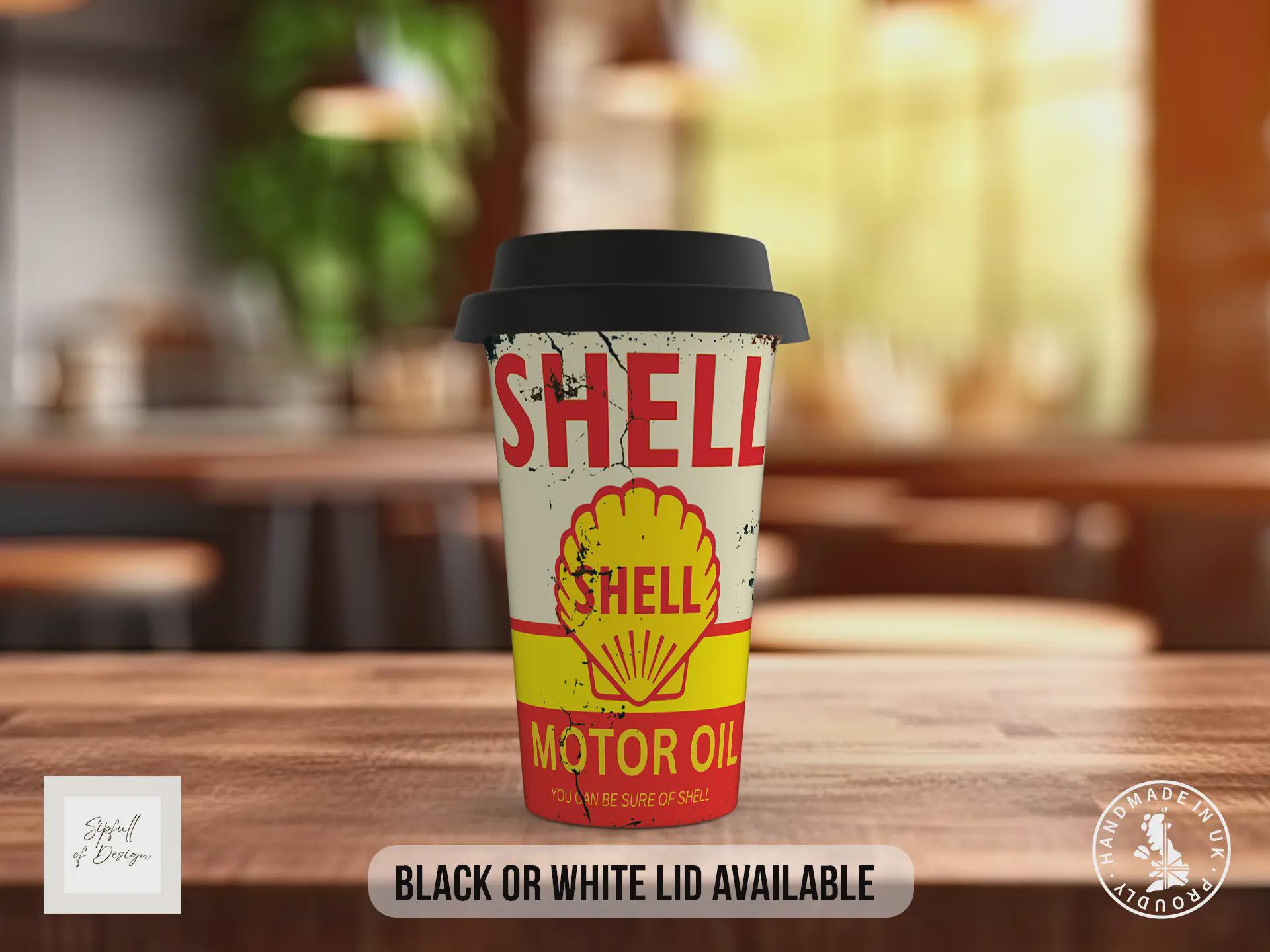Shell Motor Oil Travel Mug – Vintage Petrolhead Insulated Coffee Cup