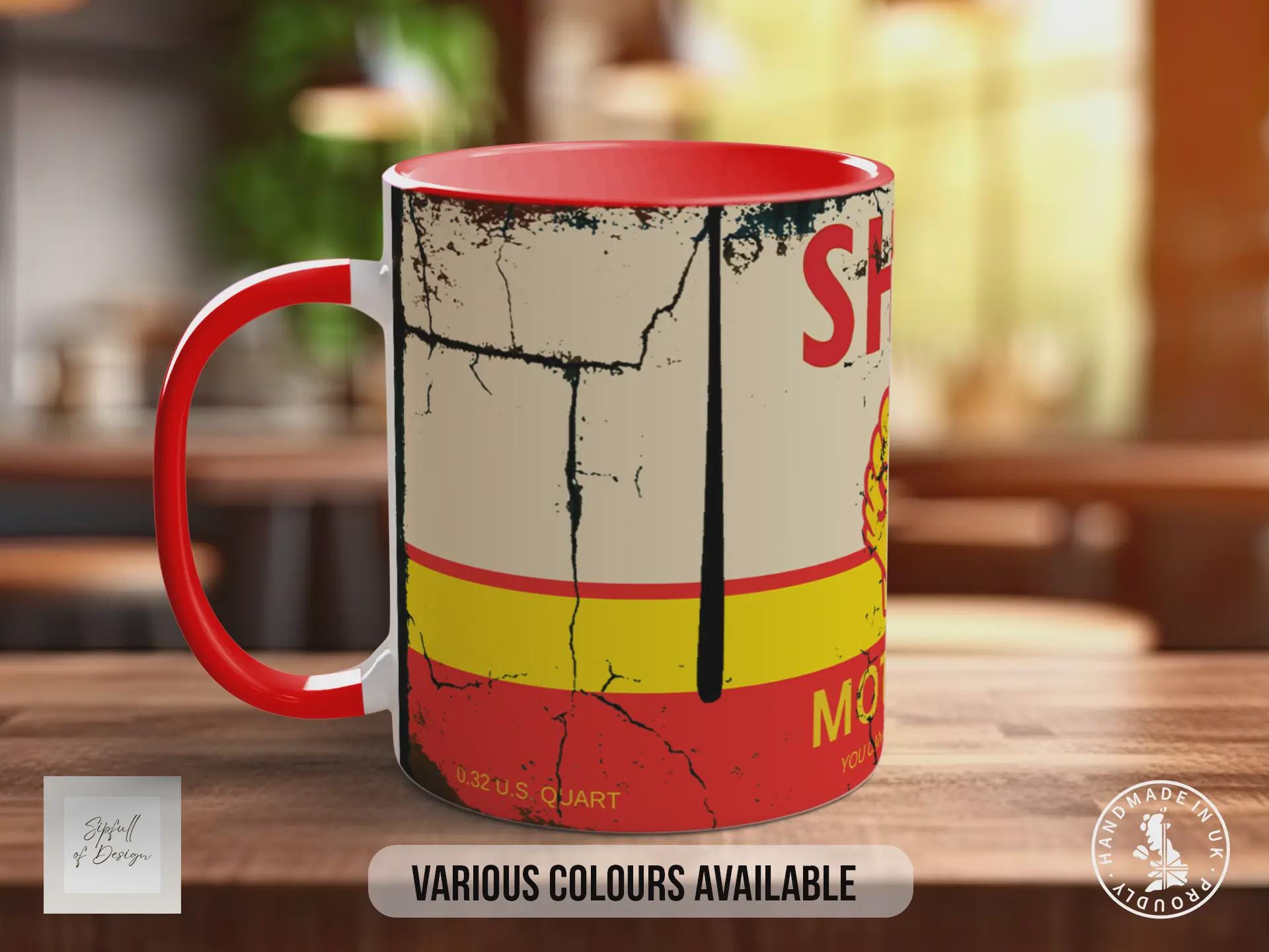 Shell Motor Oil Mug – Vintage Petrol Can Design – Retro Garage & Workshop Gift – Classic Car Enthusiast Mug – Various Colours Available