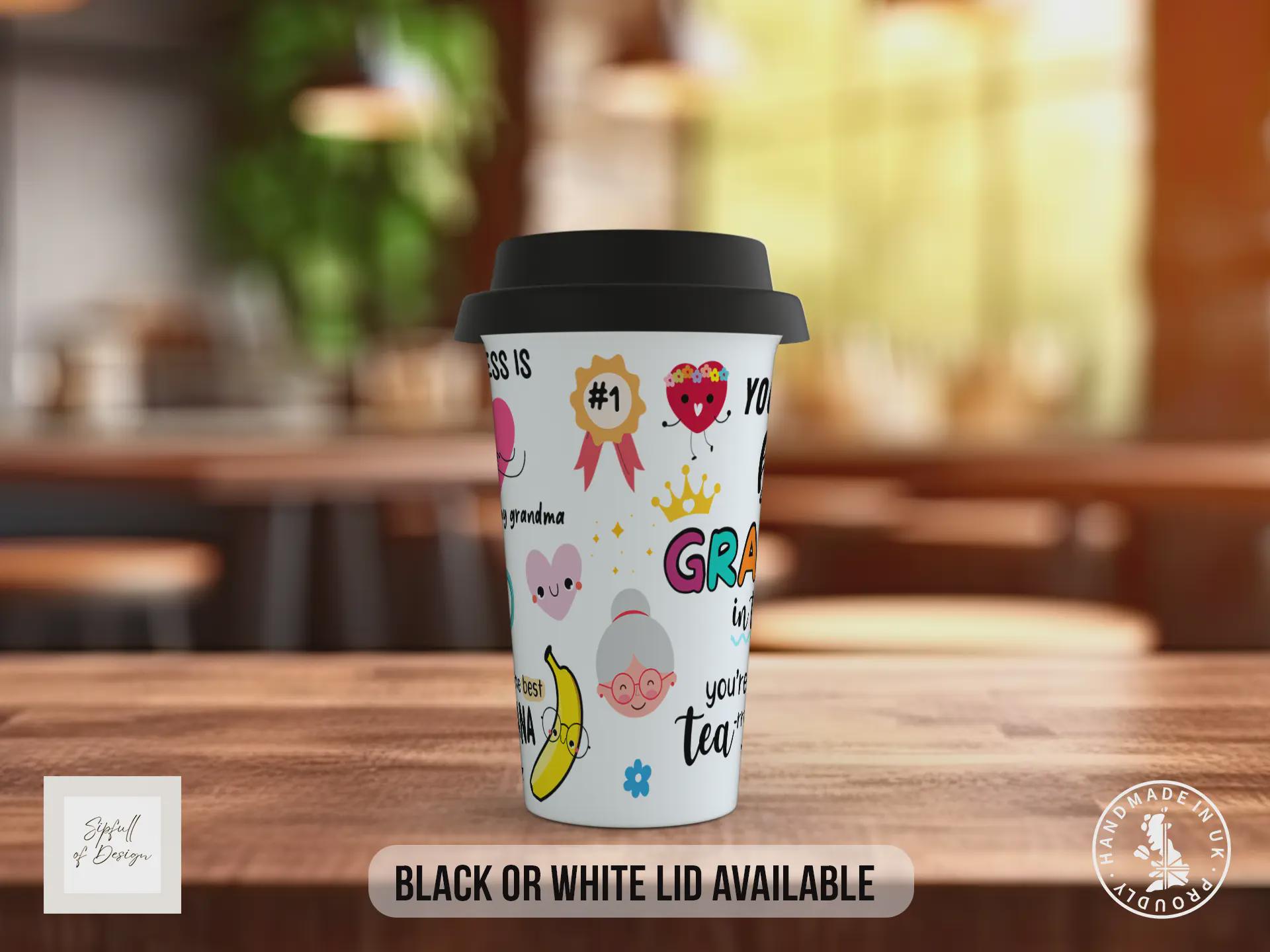 Best Grandma Ever Travel Mug – Colourful Full Wrap Design – Black or White Lid