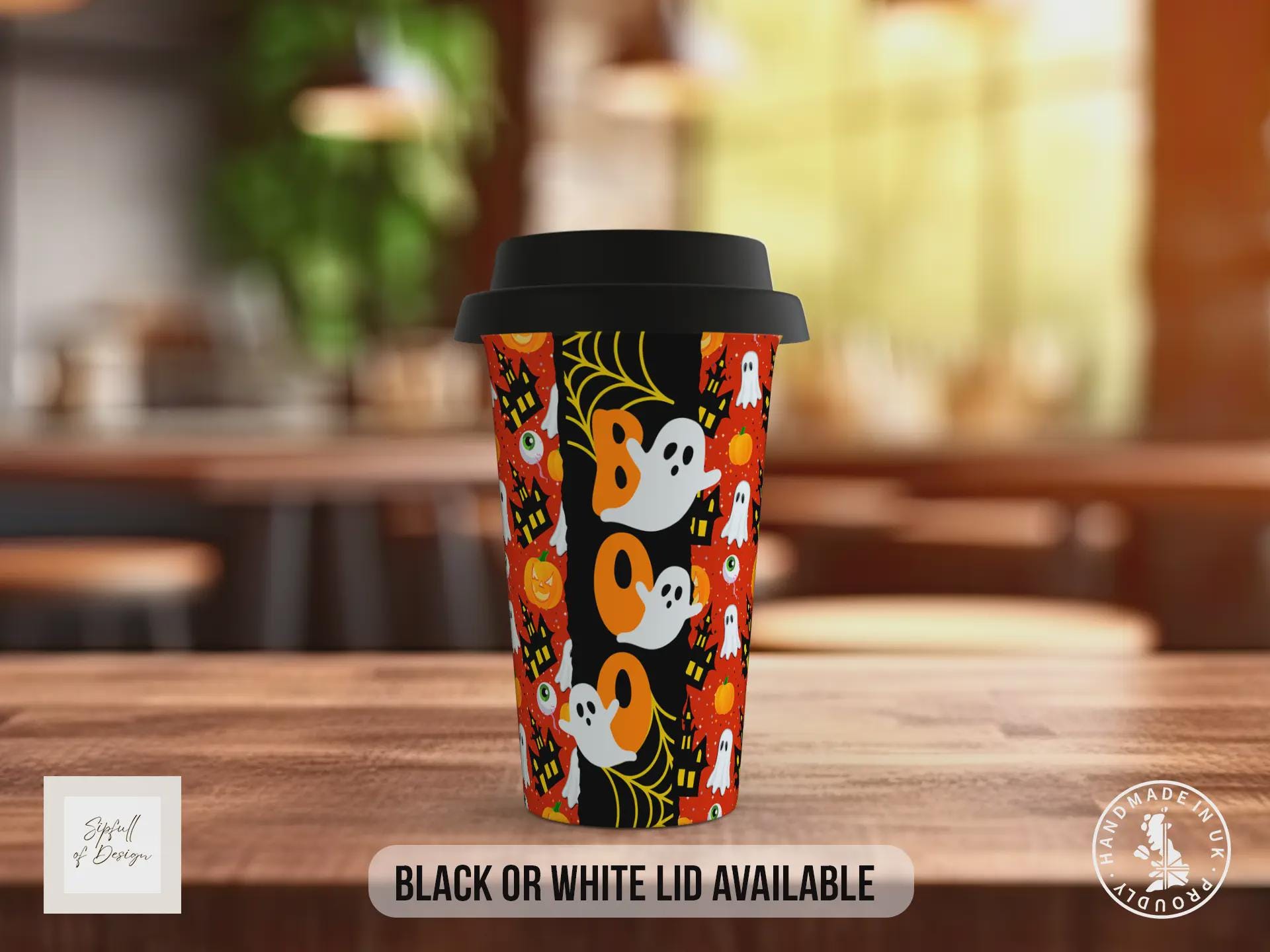 BOO Halloween Travel Mug – Ghosts, Pumpkins & Haunted House Design – Spooky Reusable Coffee Cup with Black or White Lid