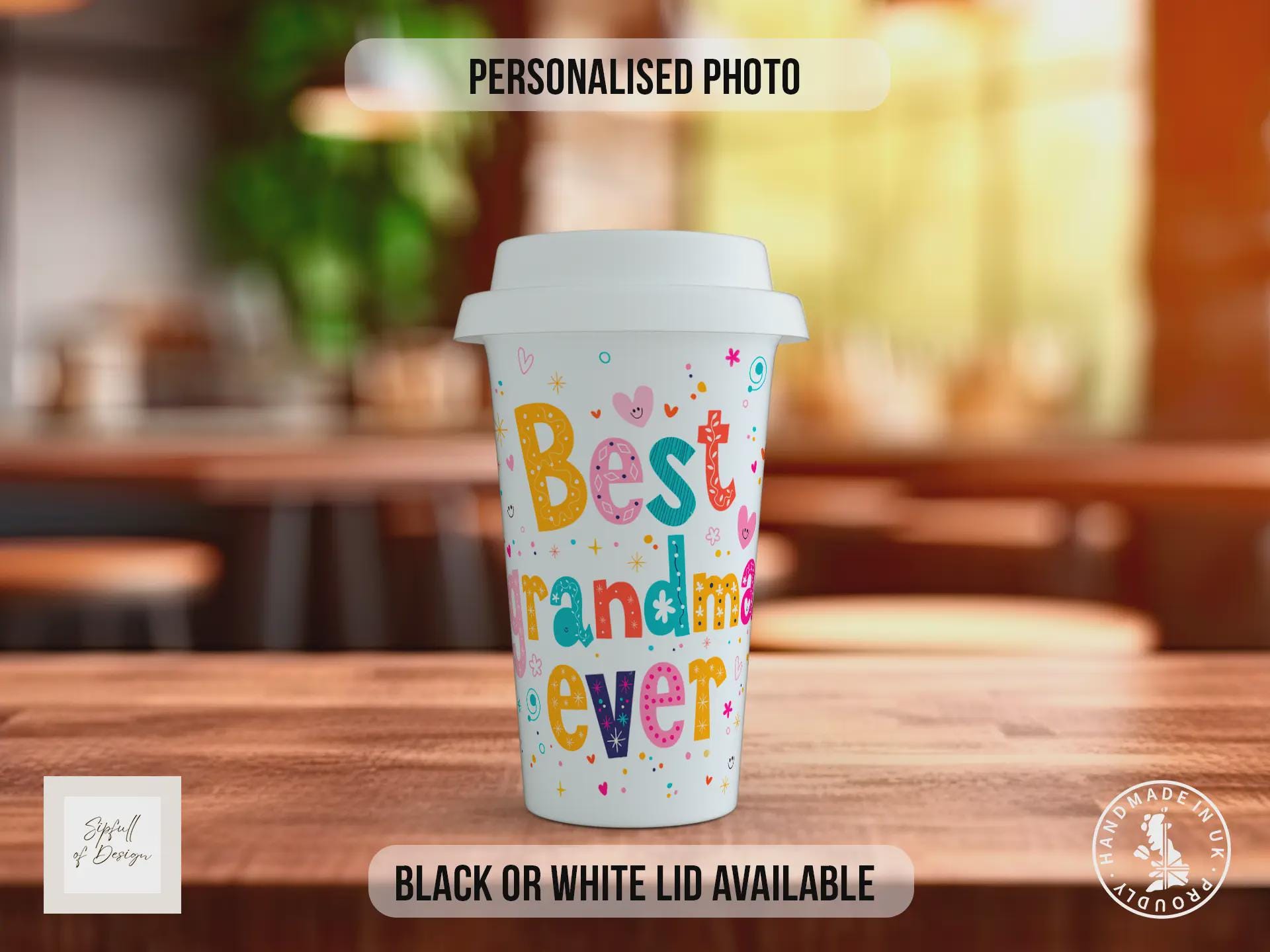 Personalised Best Grandma Ever Travel Mug – Custom Photo Coffee Cup with Black or White Lid – Mother’s Day Gift