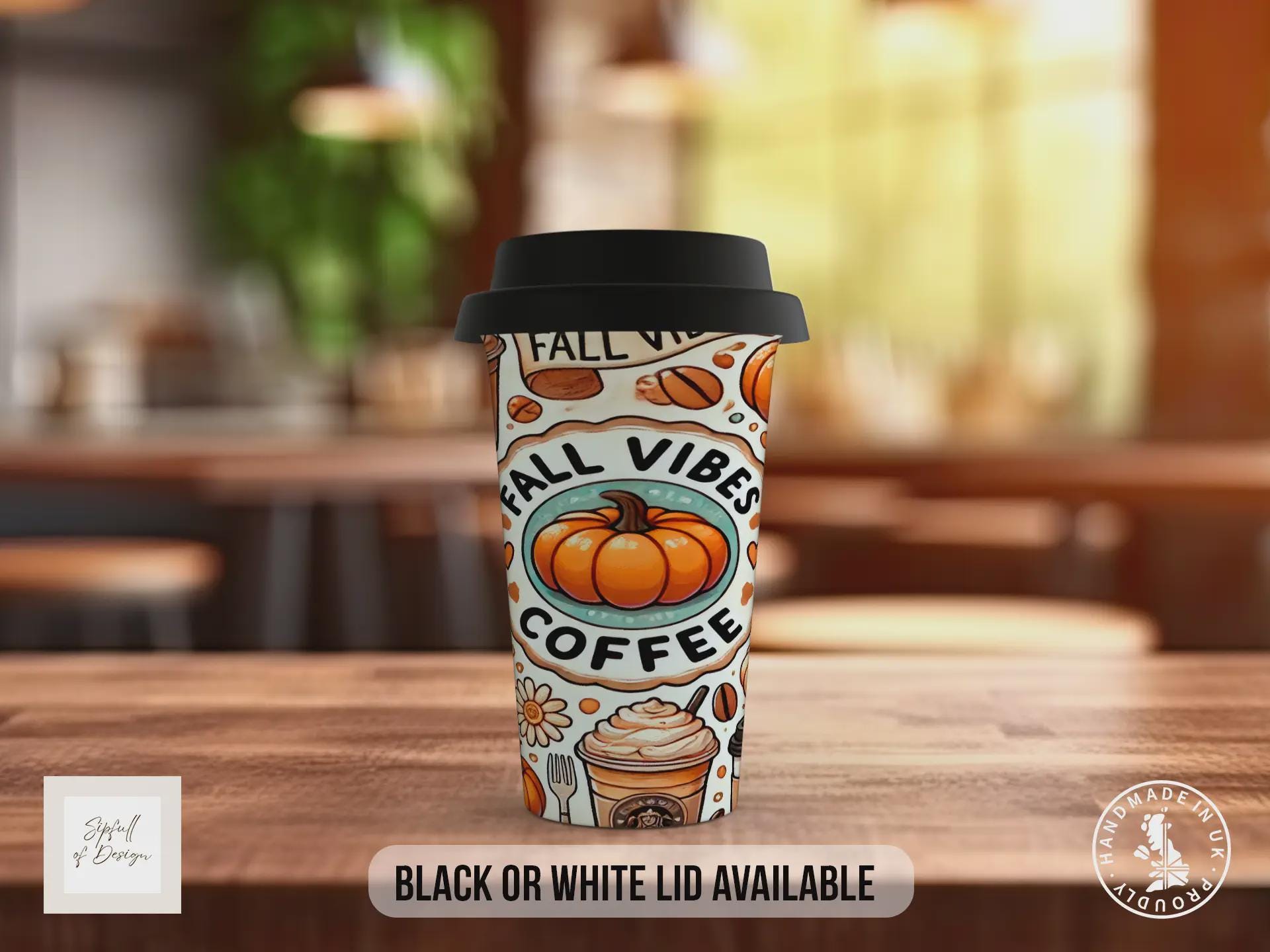 Fall Vibes Coffee Travel Mug – Pumpkin Spice Autumn Cup with Black or White Lid – Halloween Gift