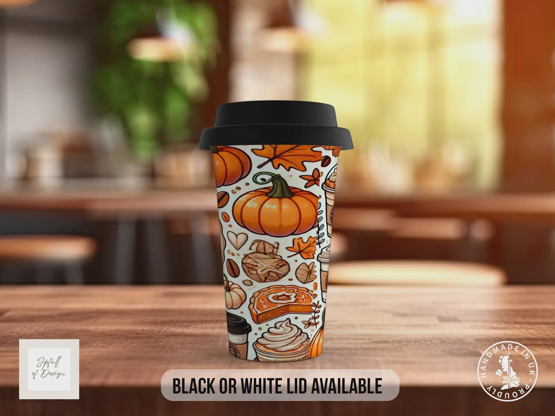 Fall Vibes Coffee Travel Mug – Pumpkin Spice Autumn Cup with Black or White Lid – Halloween Gift
