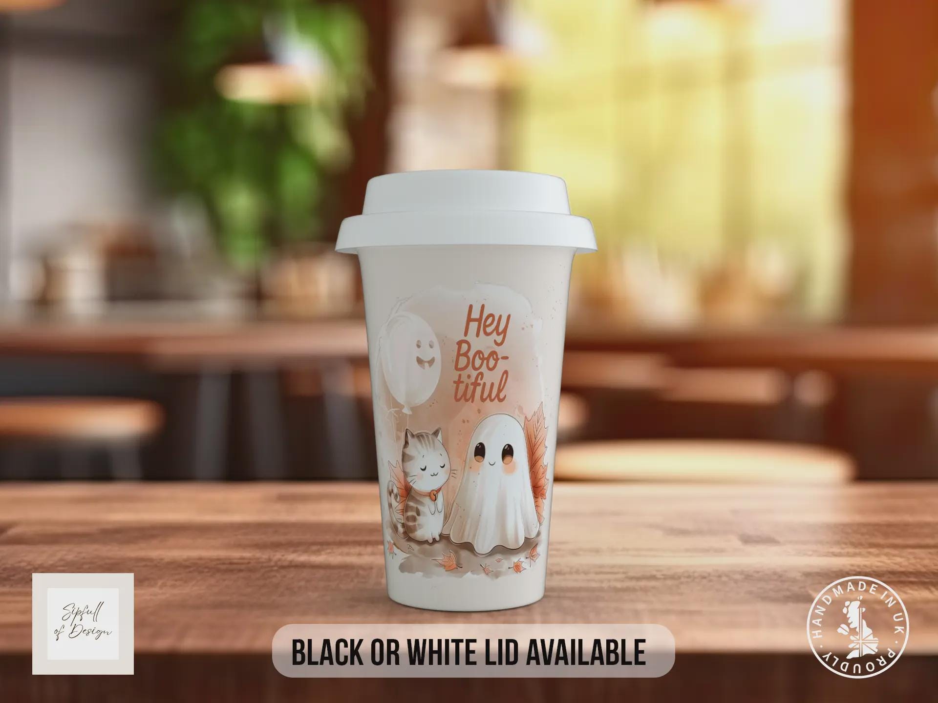 Hey Boo-tiful Halloween Travel Mug – Cute Ghost & Cat Coffee Cup with Black or White Lid – Autumn Gift