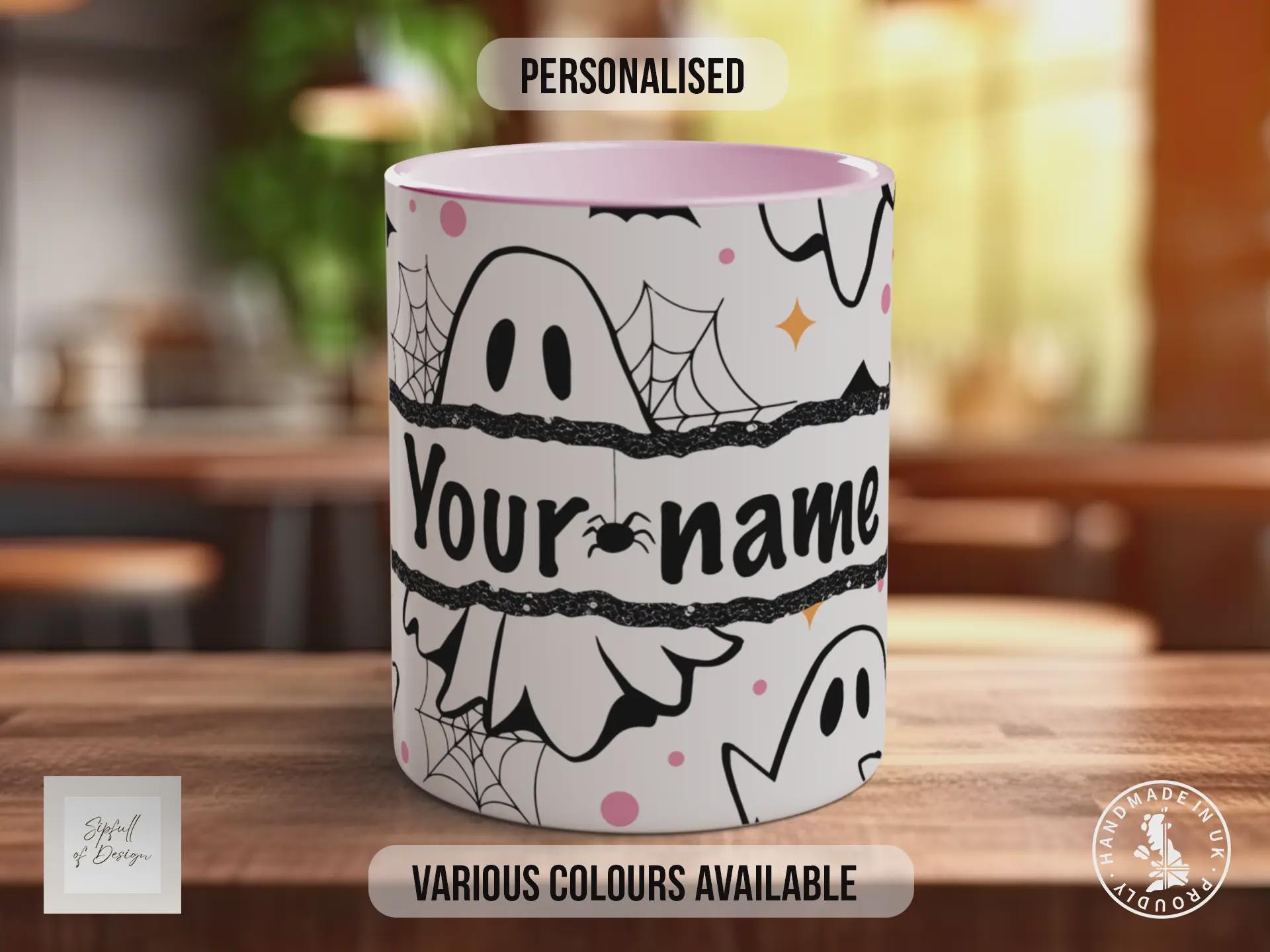 Personalised Ghost Halloween Mug – Custom Name Coffee Cup with Bats & Cobwebs – Spooky Autumn Gift