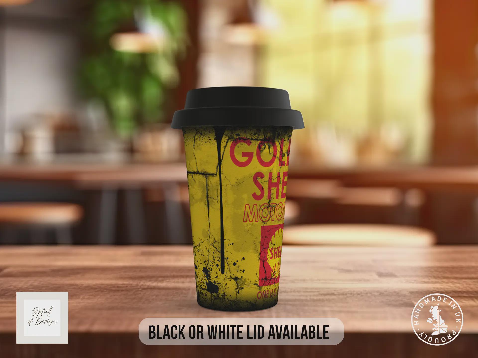 Golden Shell Travel Mug – Retro Motor Oil Insulated Coffee Cup