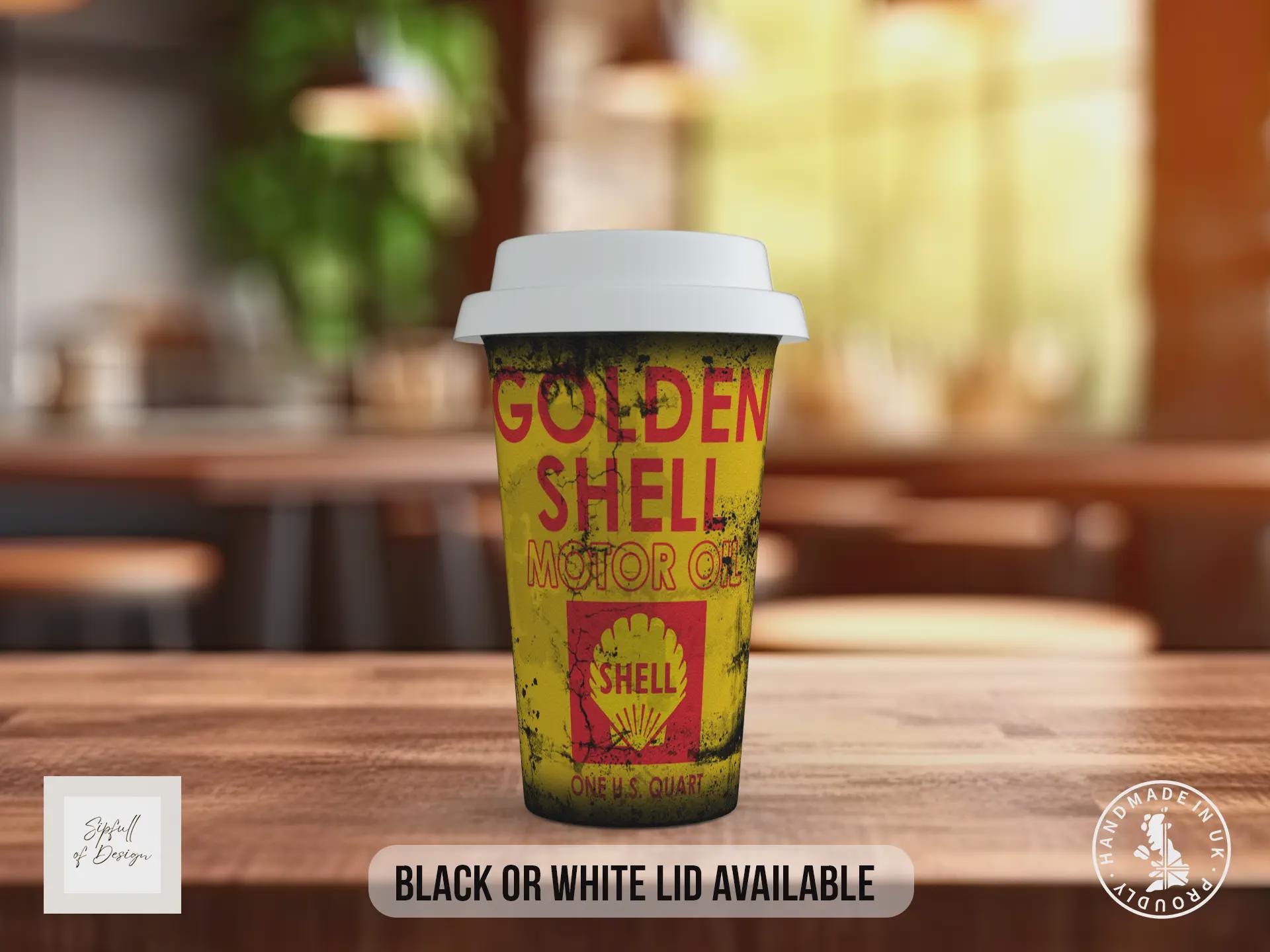 Golden Shell Travel Mug – Retro Motor Oil Insulated Coffee Cup