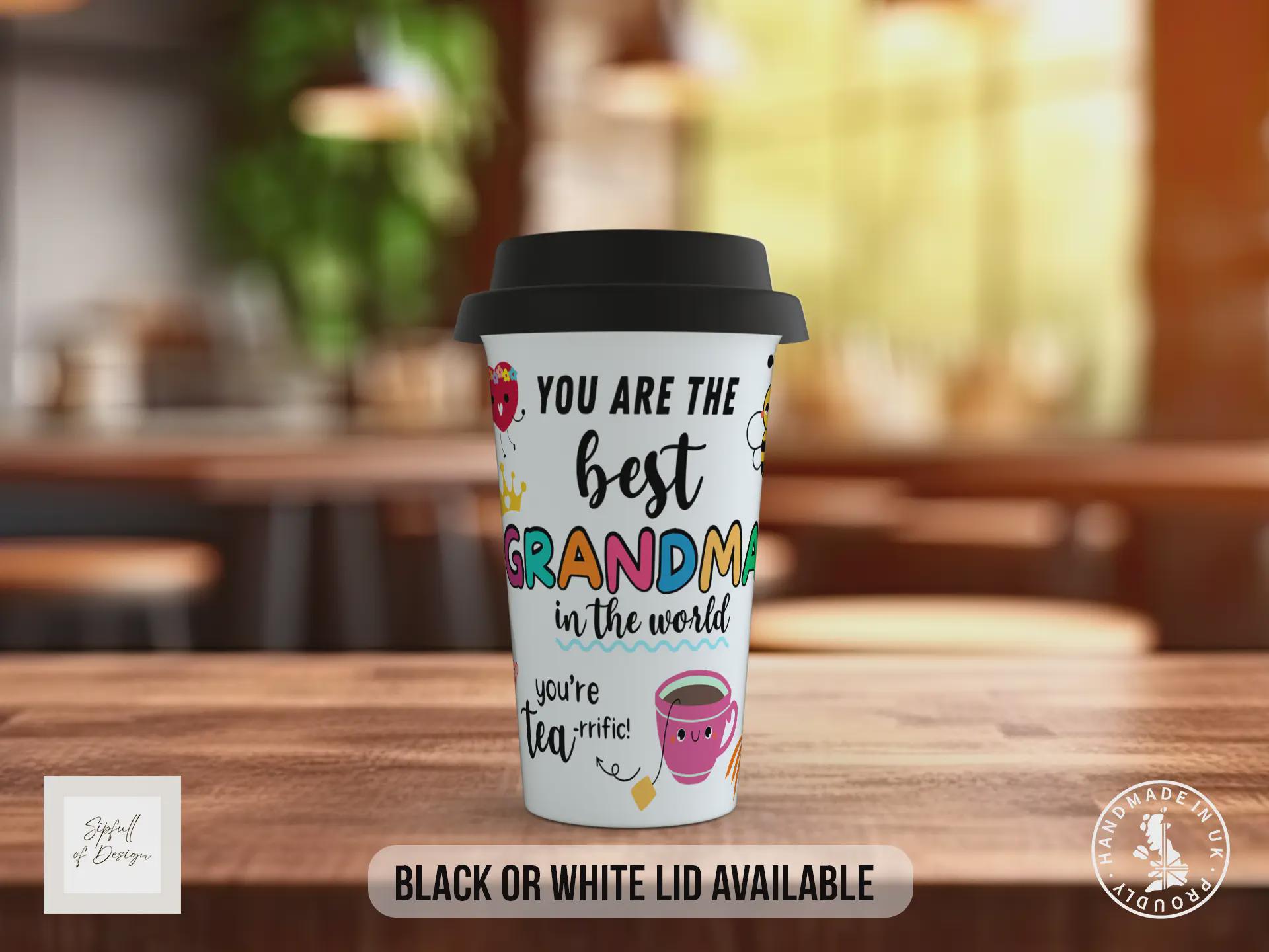 Best Grandma Ever Travel Mug – Colourful Full Wrap Design – Black or White Lid