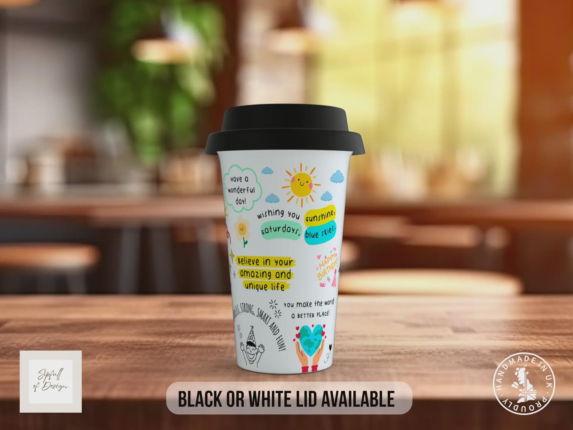 Happy Birthday Superstar Travel Mug – Colourful Positive Coffee Cup – Birthday Gift with Black or White Lid