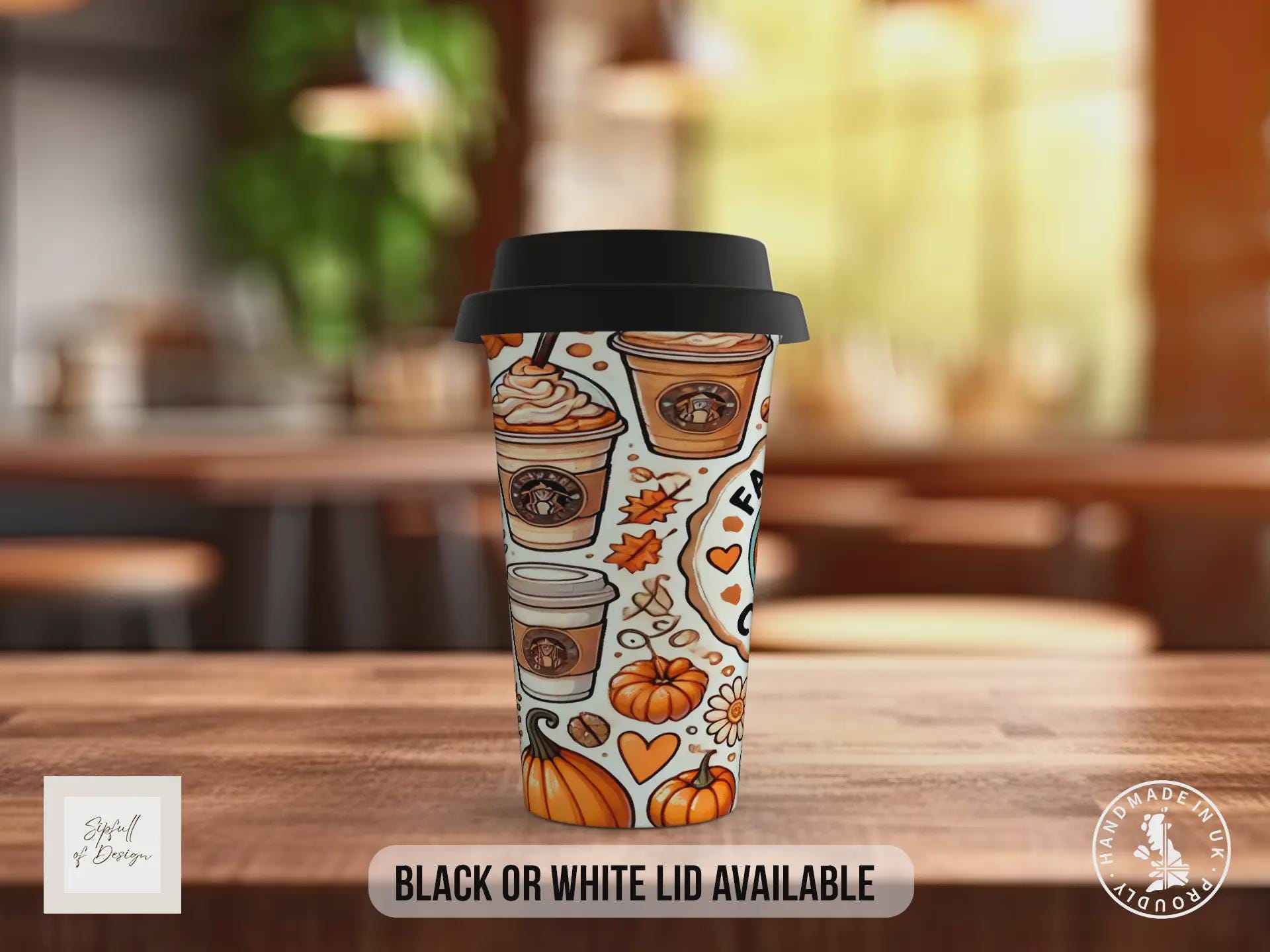 Fall Vibes Coffee Travel Mug – Pumpkin Spice Autumn Cup with Black or White Lid – Halloween Gift