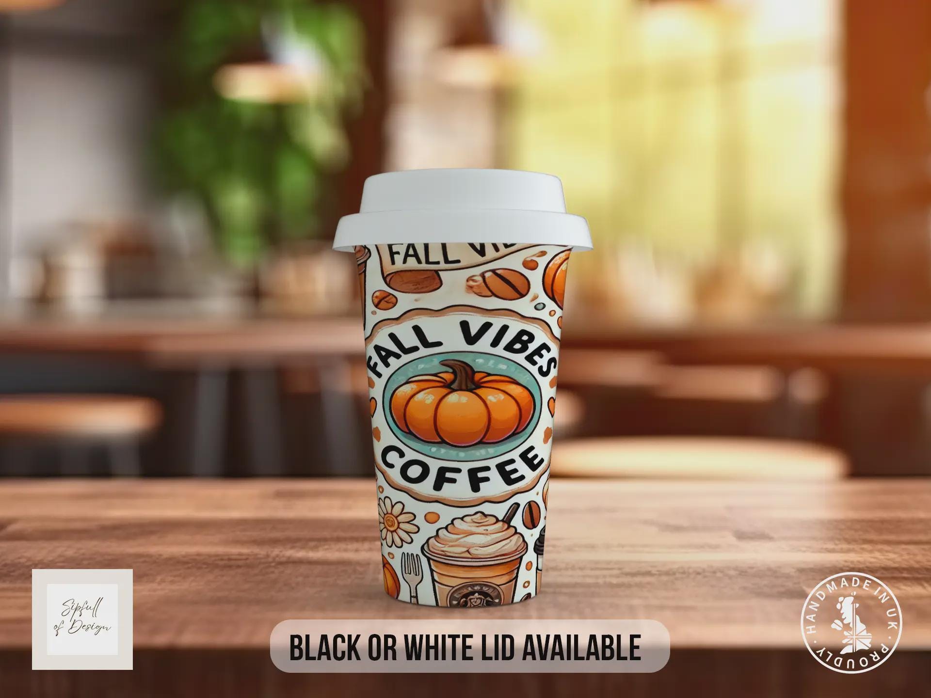 Fall Vibes Coffee Travel Mug – Pumpkin Spice Autumn Cup with Black or White Lid – Halloween Gift