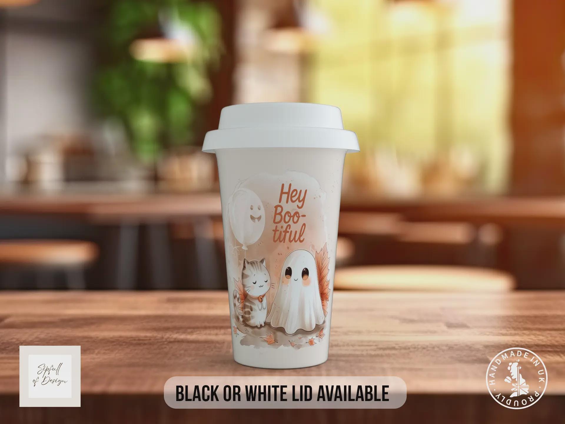 Hey Boo-tiful Halloween Travel Mug – Cute Ghost & Cat Coffee Cup with Black or White Lid – Autumn Gift