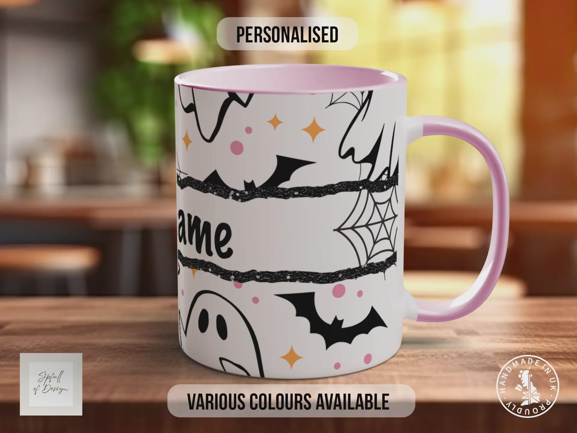 Personalised Ghost Halloween Mug – Custom Name Coffee Cup with Bats & Cobwebs – Spooky Autumn Gift
