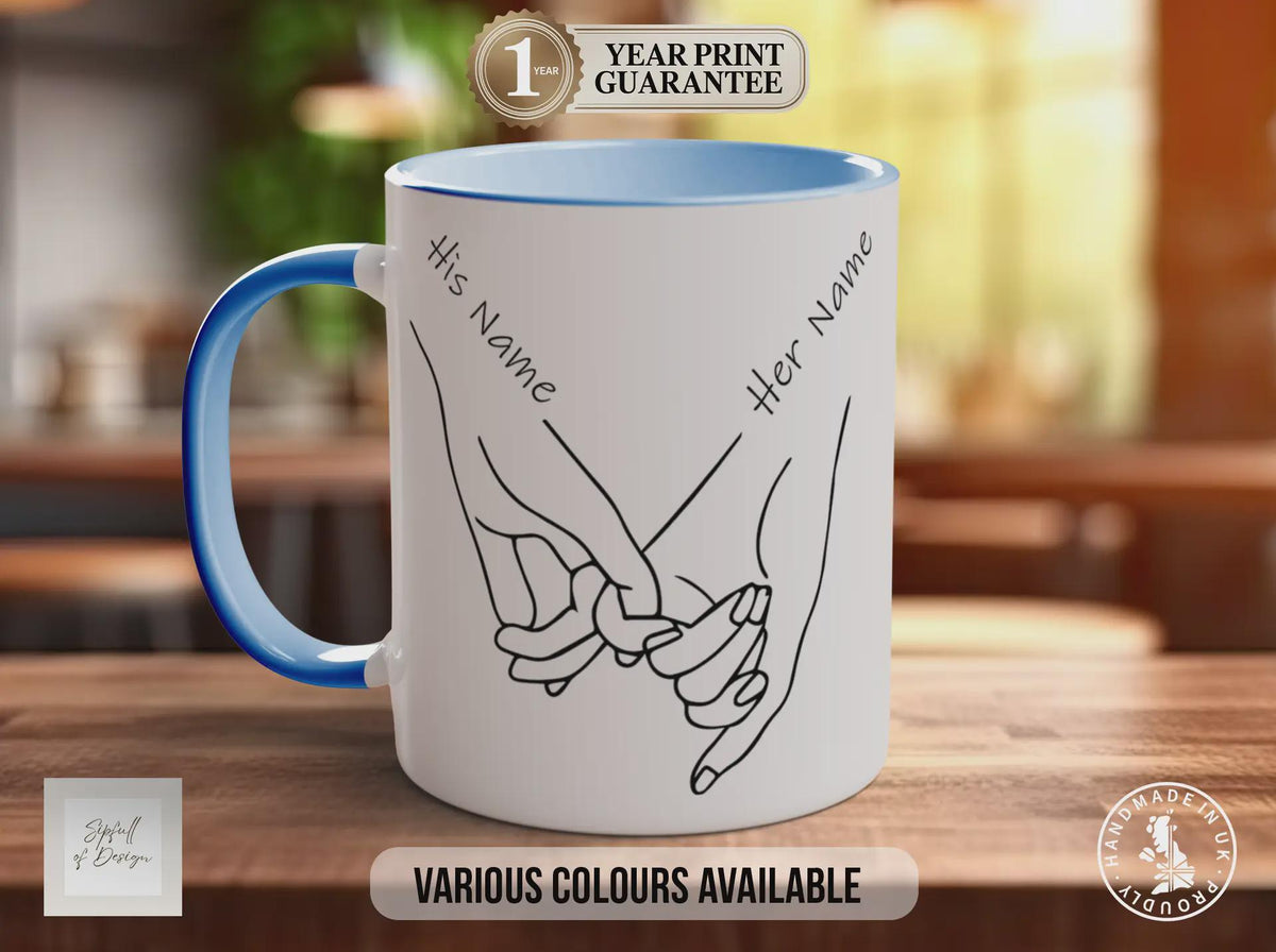 Holding Hands Personalised Mug – Custom Name Couple Gift | Minimal Line Art Design | Handmade in Sussex UK
