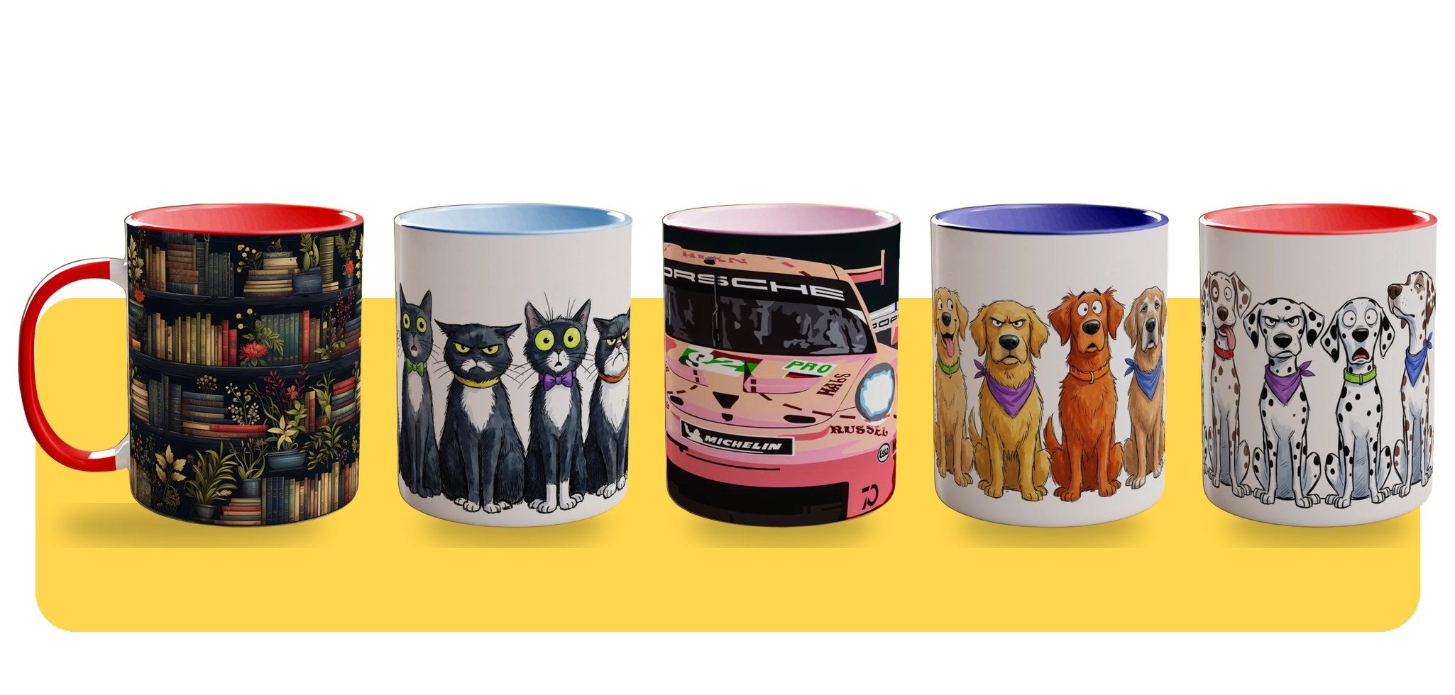 Mix and match mug sets - Bookshelf art, Tuxedo Cats, Joel Clark Porsche Pink Pig, Golden Retrievers and Dalmatians mugs