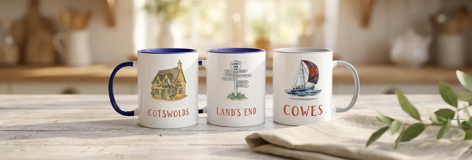 British Escapes — hand-illustrated personalised UK seaside and countryside mugs