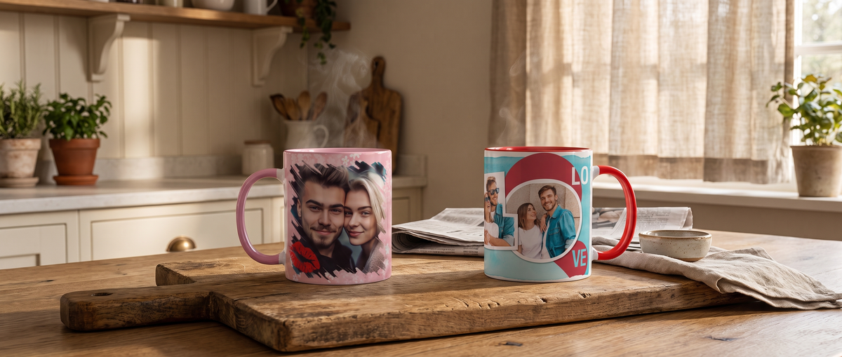 Photo Mugs for Husband — I Love You Couple and LOVE Four Photos personalised mugs on a warm wooden kitchen table