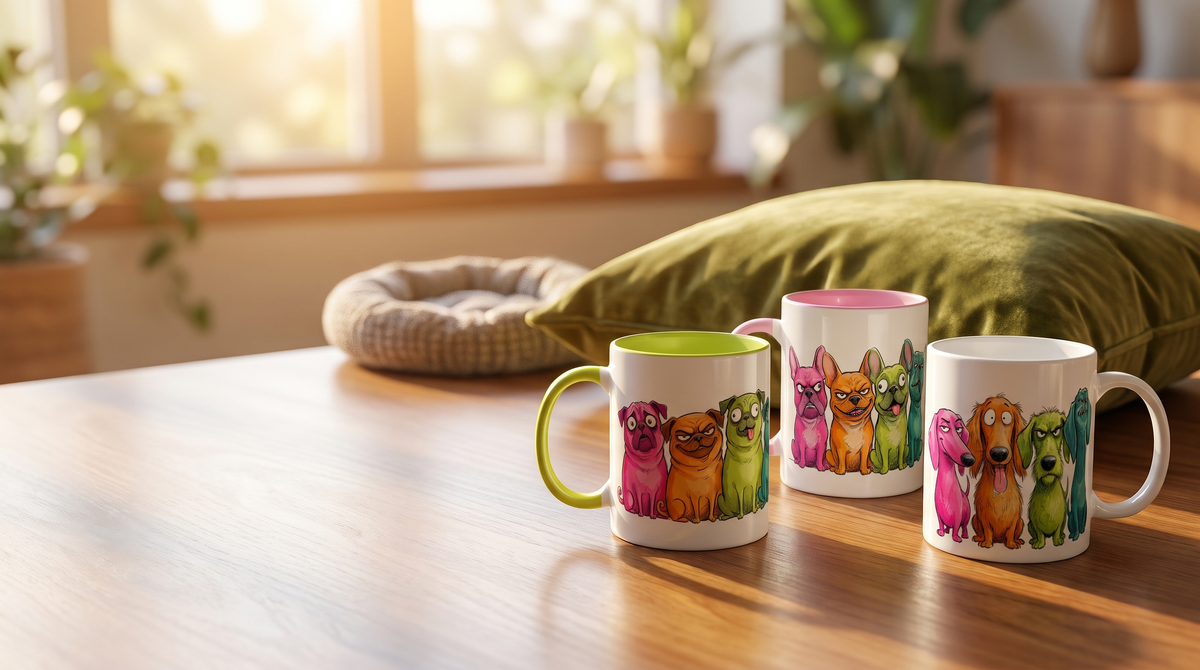 Small dog mugs - pug, French bulldog and sausage dog mugs on a coffee table
