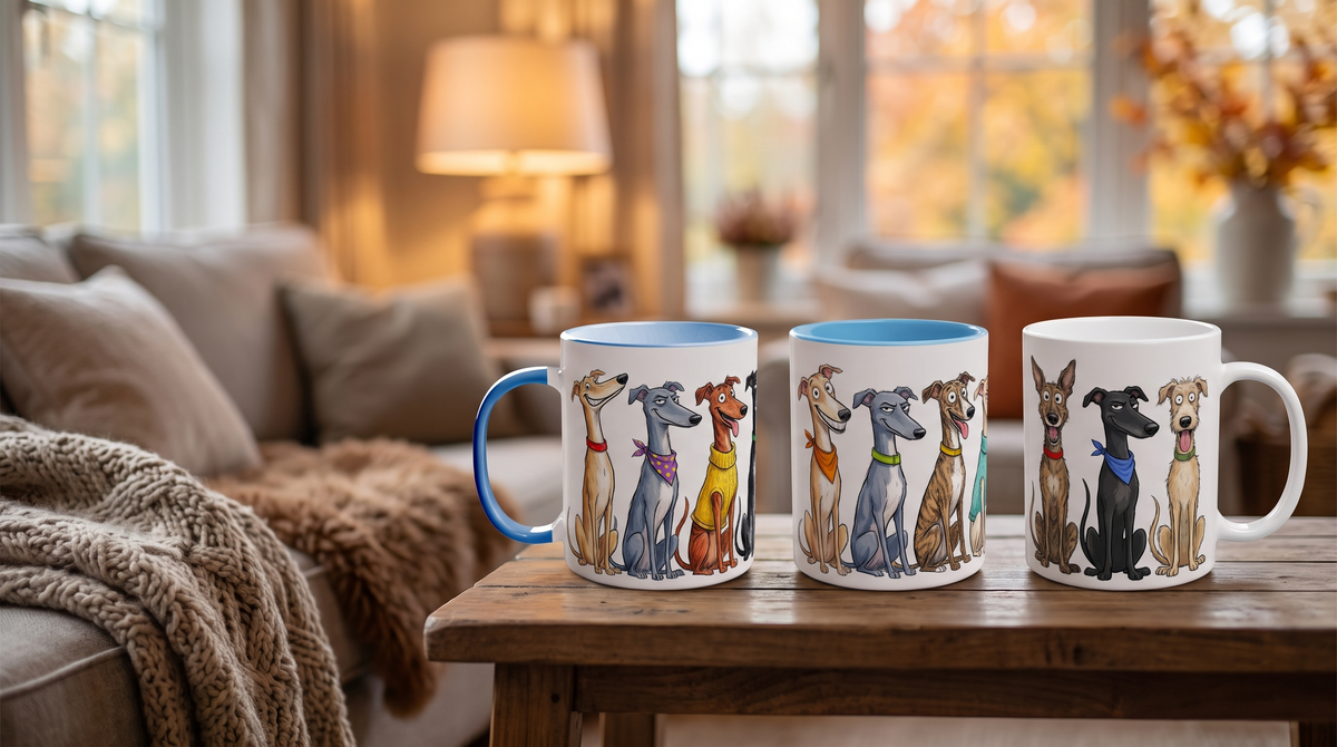 Sighthound mugs - greyhound, whippet and lurcher mugs in a cosy living room