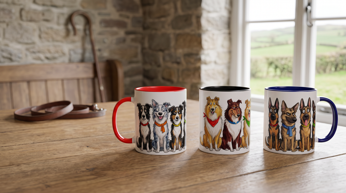 Sheepdog and collie mugs - border collie, rough collie and German shepherd mugs in a farmhouse kitchen