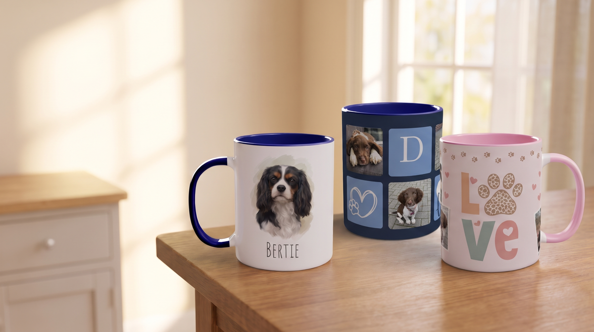 Personalised dog mugs - Pawtrait, photo grid and love paws mugs on a kitchen table