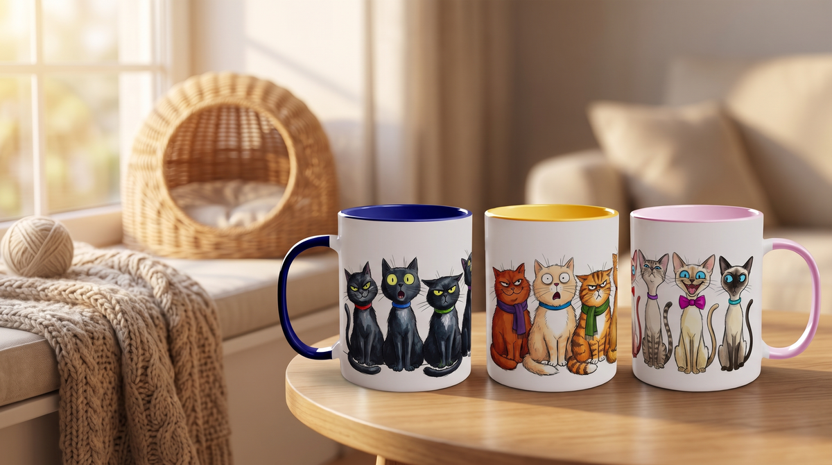 Cat breed mugs - Black Cats, Ginger Cats and Siamese Cats mugs in a cosy living room