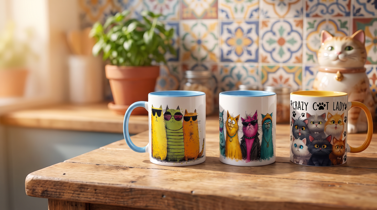 Funny cat mugs - Cats in Sunglasses, Crazy Cool Cats and Crazy Cat Lady mugs on a kitchen table