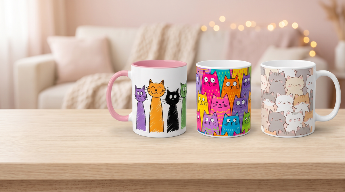Cute cat mugs - Tall Cats, Cat Crowd and pastel kawaii cat mugs on an oak table