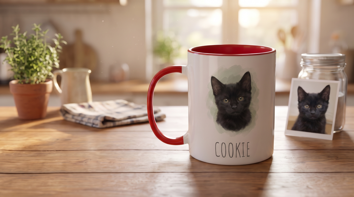 Personalised cat mug - Purrtrait portrait mug with the cat's name, next to the original photo on a kitchen table