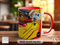 A colorful mug with a graphic design featuring a person's face wearing a helmet, along with various colors available.
